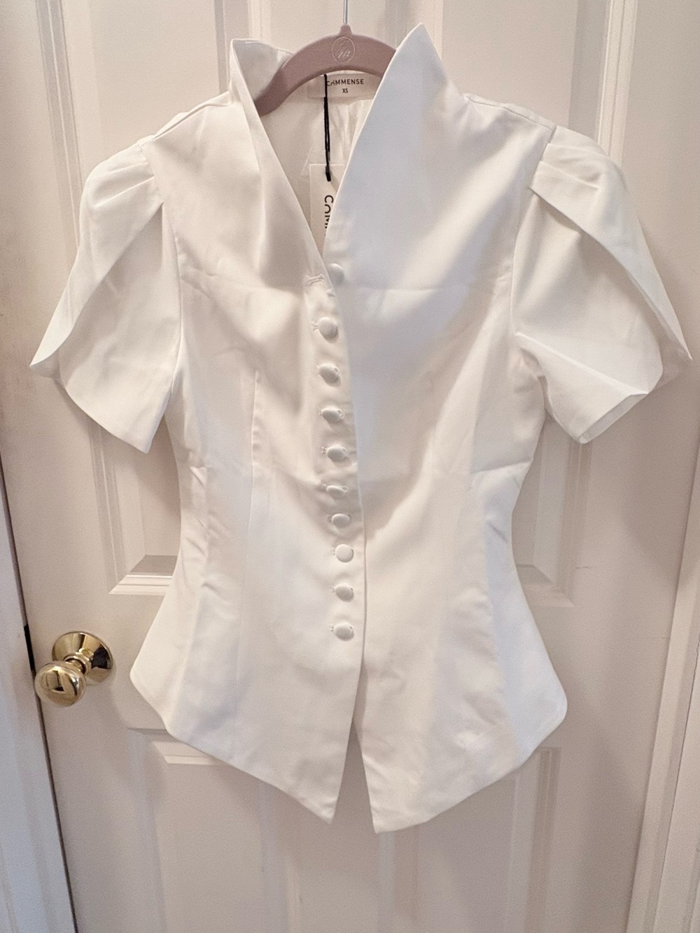 Commense White Short-Sleeve Button Front Peplum Shirt